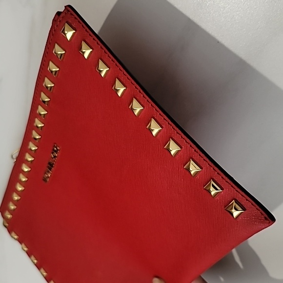 MICHAEL KORS Jet Set Selma XL Red Leather Gold Studded Pochette Wristlet Clutch - Picture 14 of 15